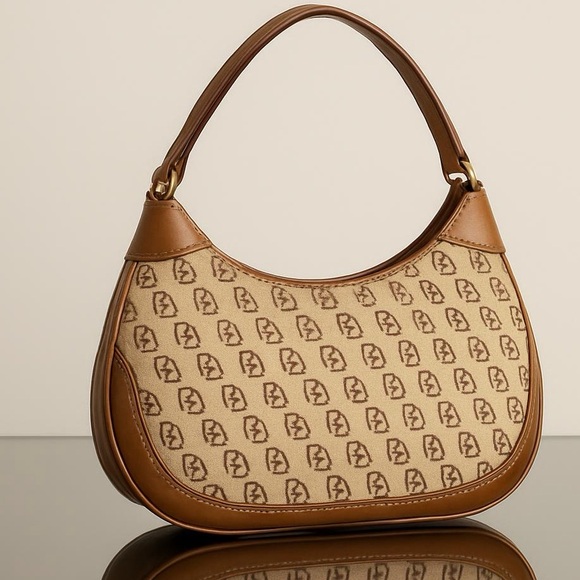 Handbags - Dooney & Burke Khaki Leather Signature Print Hobo Brown Medium Shoulder Bag.